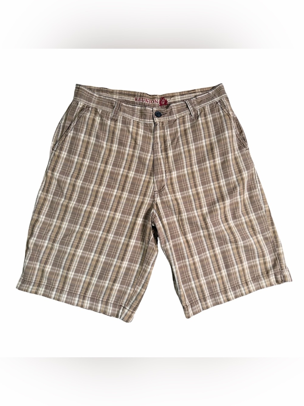 Reunion Men’s Plaid Cargo Shorts Size 34 Brown Beige Cotton Casual Y2K